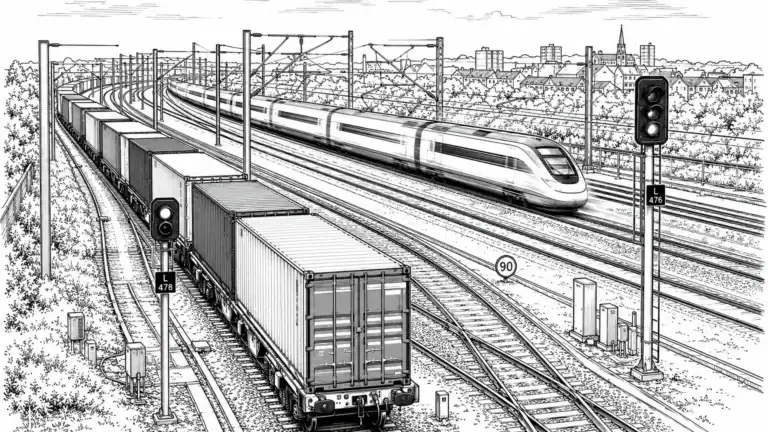High-speed train and freight train on railway tracks with signals and cityscape in background.
